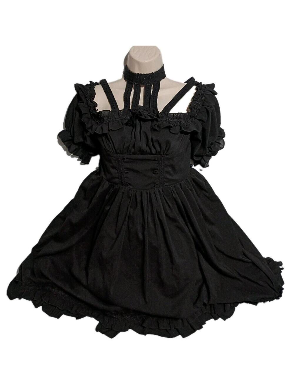 Whimsygoth  Black Grunge Punk  Dress Size S Lace Ruffle Puff Sleeve Choker Y2K